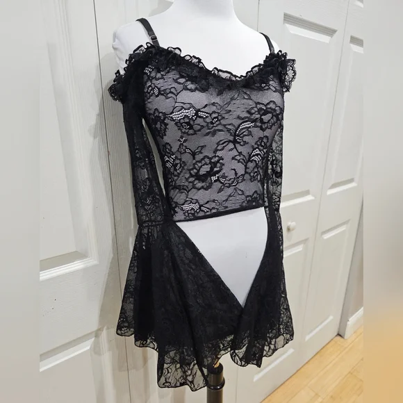 Dolls Kill Widow Gothic With Grace Black Mesh Lace Cropped Sheer Top S - Picture 4 of 12